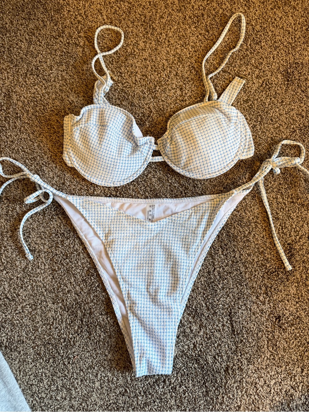 SHEIN White and Light Blue Gingham Tie-Side Bikini